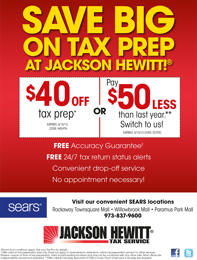 Save $40 or $50 on your tax preparation with coupon codes WEHTN and TD7PD.  Call 973-837-9600 for more details.